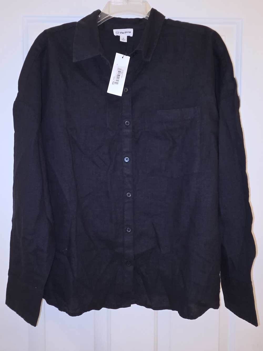 Womens Black Long-Sleeve Button-Down Shirt, 100% Linen